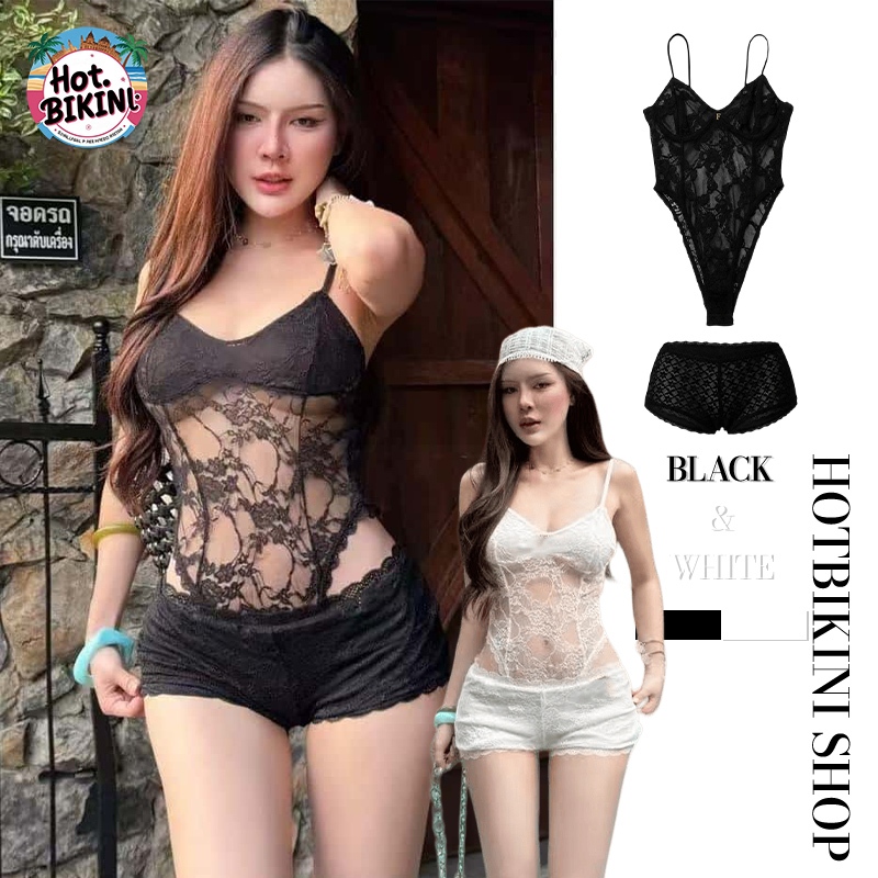 Hot.Bikini ดำ/ขาว ชุดจั๊มสูทลูกไม้แขนกุดสำหรับผู้หญิง สไตล์เซ็กซี่แบบ ins ชายหาด คอวี ปักลาย เอวต่ำ ทรงเข้ารูป
