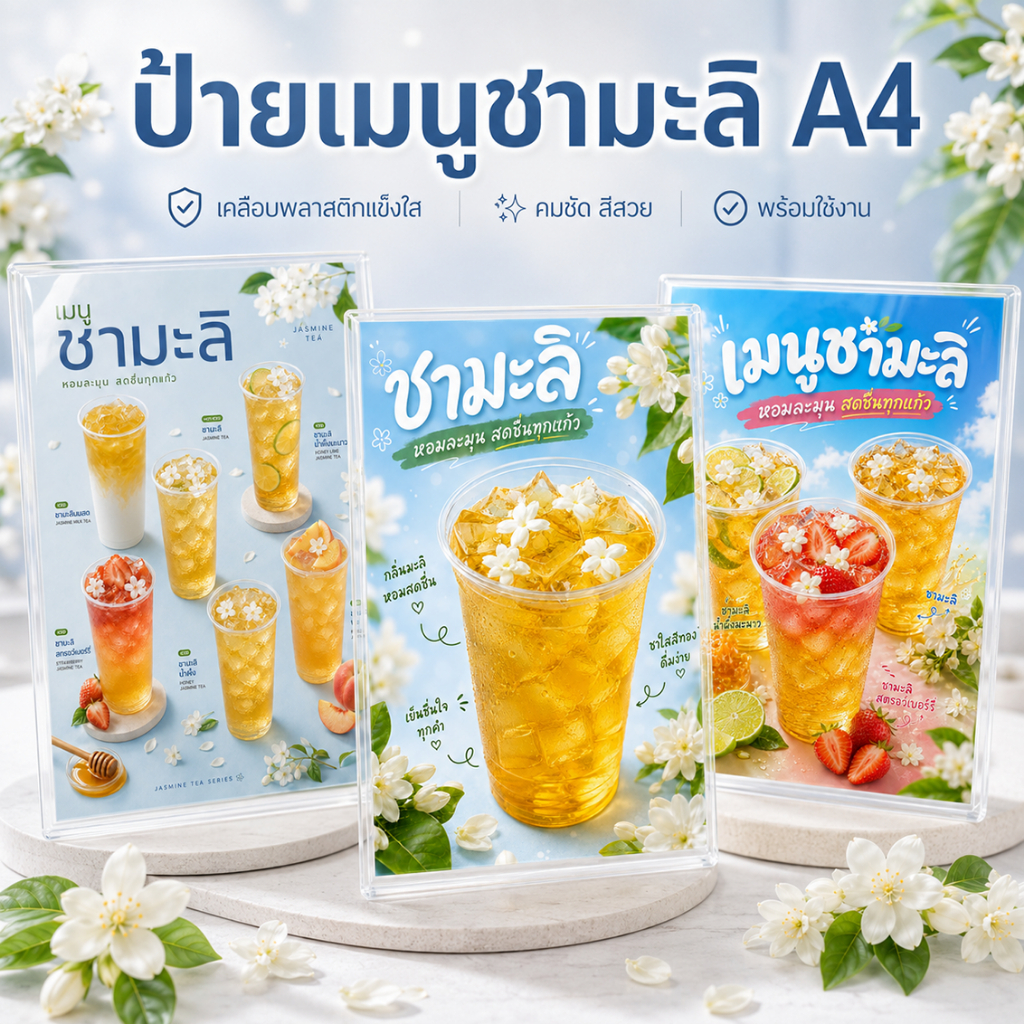 ป้ายเมนูชามะลิ A4 เคลือบแข็งใส ป้ายเมนูสำเร็จรูป