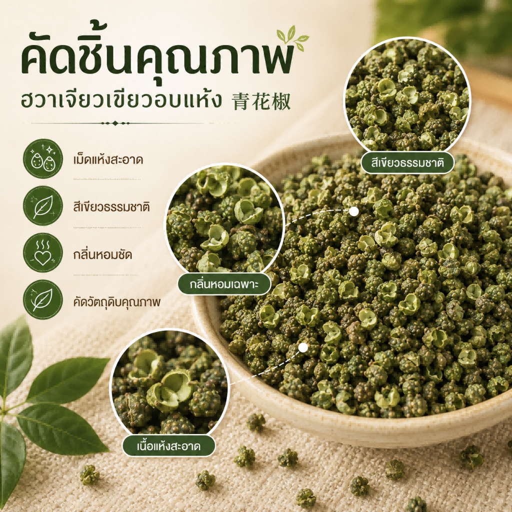 ฮวาเจียวเขียวอบแห้ง 青花椒 พริกเสฉวนเขียว รสเผ็ดชา กลิ่นหอม สำหรับหม้อไฟหม่าล่าและปรุงอาหาร พร้อมส่งจากไทย
