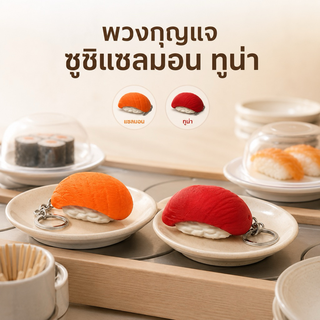 พวงกุญแจคลิกเกอร์ ซูชิแซลมอนกับทูน่า sushi salmon, tuna asmr clicker keychain