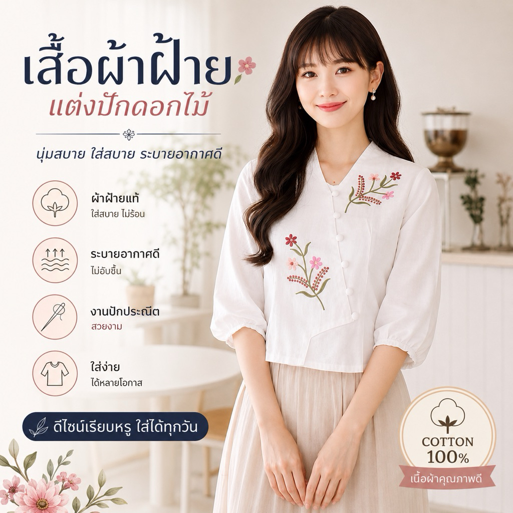 เสื้อผ้าฝ้าย ปักช่อดอกไม้ คอวีป้าย แต่งกระดุมปั้ม แขนห้าส่วน
