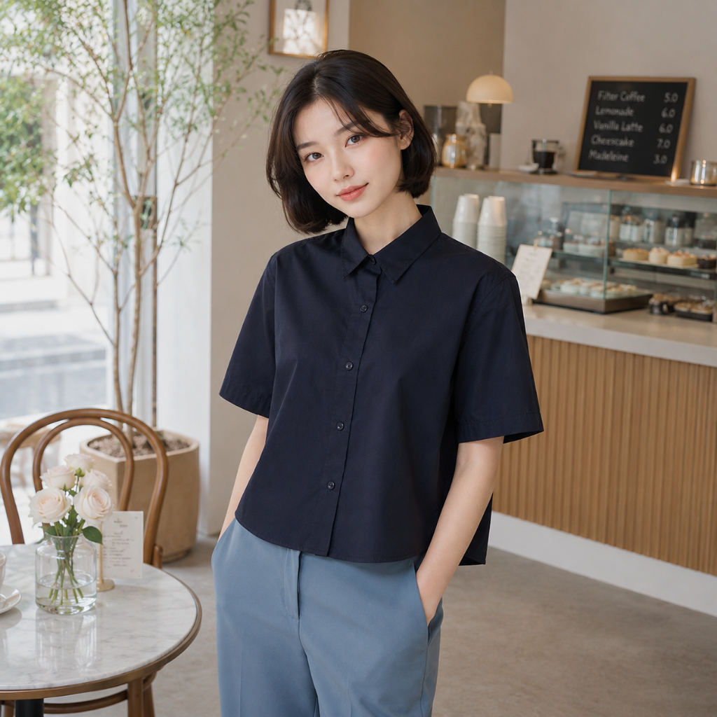 เสื้อเชิ้ตผู้หญิงแขนสั้น สีดำ เชิ้ตดำ เนื้อผ้าคอตตอน100% งานไทย พร้อมส่ง By Minimal Club
