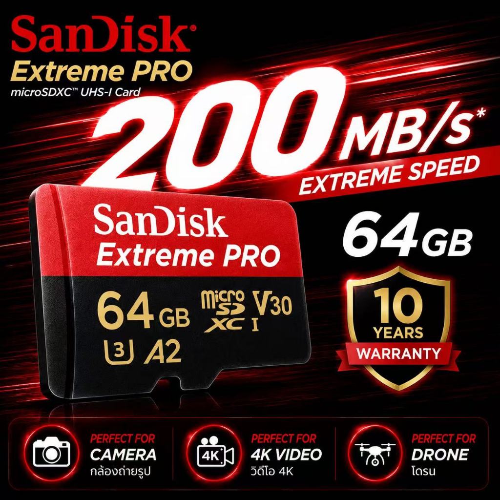(ส่งด่วน) SANDISK Micro SDcard Extreme Pro 32GB/64GB/128GB/256GB (200MB) UHS-I V30 U3 เมม Memory card แท้