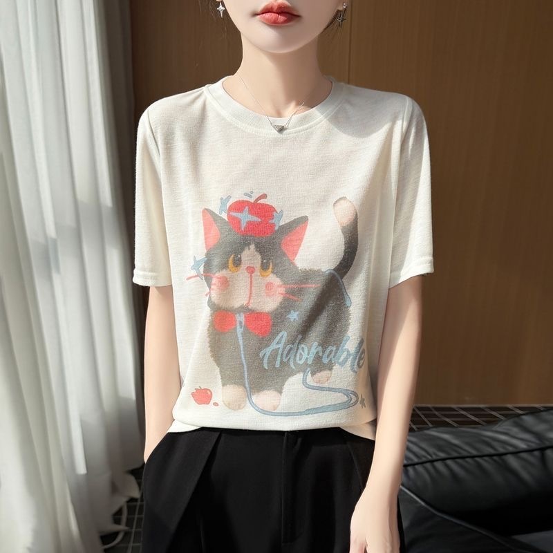 เสื้อยืดแขนสั้นพิมพ์ลายแมวน่ารัก ดีไซน์เรียบง่ายแต่ดูดีมีสไตล์ สำหรับผู้หญิง สไตล์ใหม่รับซัมเมอร์ ใส่ได้หลายโอกาส ลำลองแ