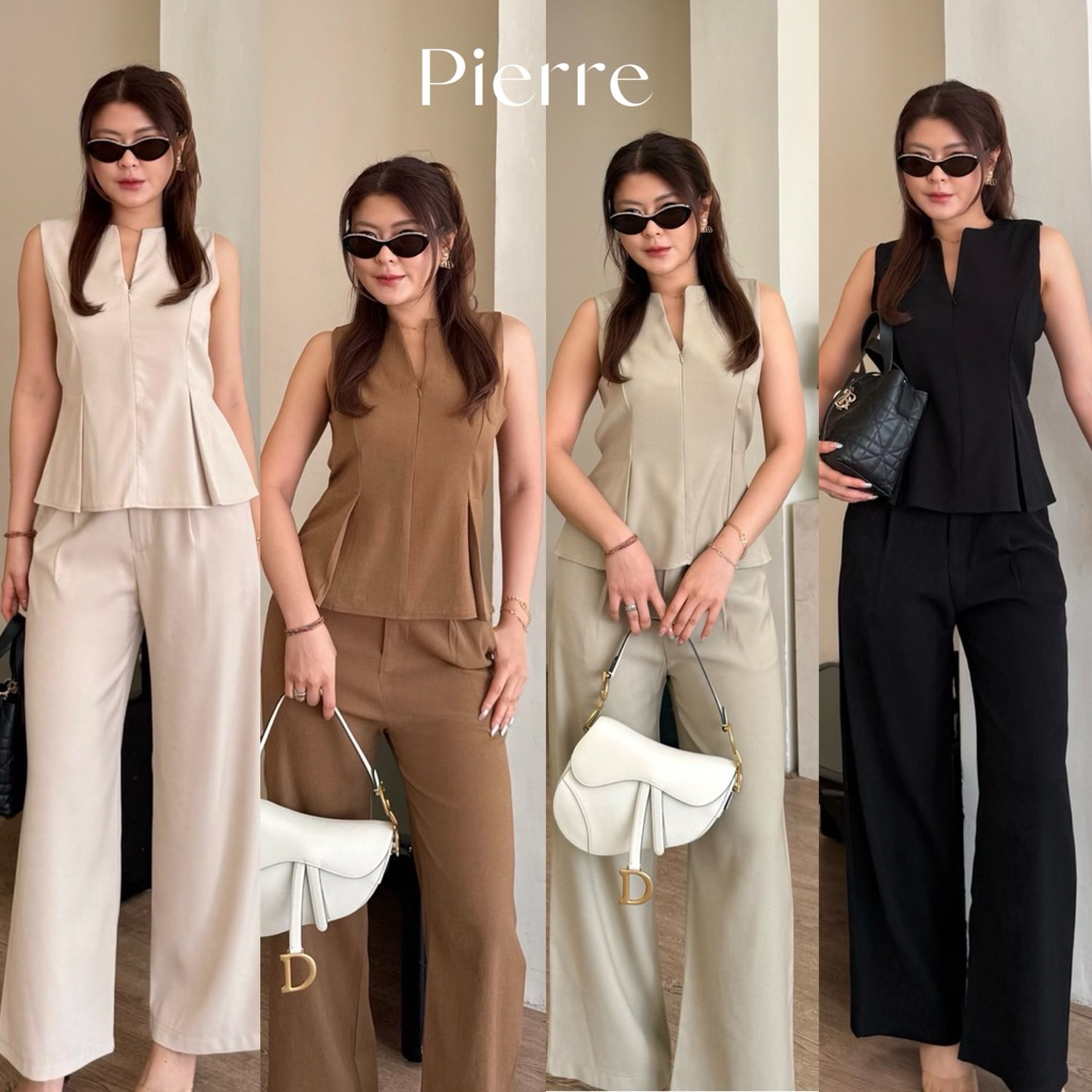 Pierre Set🌷ชุดเซ็ต เสื้อแขนกุด แต่งจีบเสื้อ มาพร้อมกางเกงขายาวทรงขากระบอก พร้อมส่ง🌷