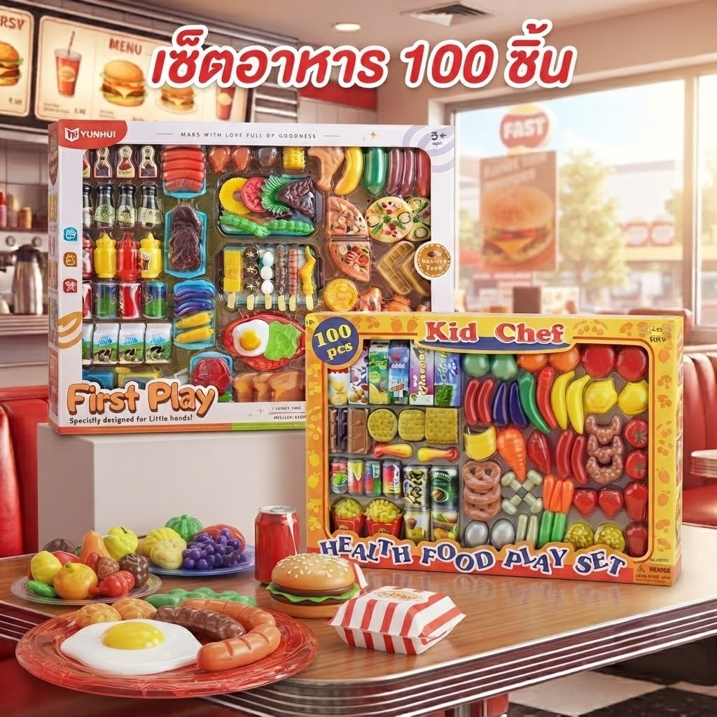 ของเล่นชุดอาหาร100ชิ้น,ผลไม้,บาร์บีคิว,ชาบูหม้อ,ขนมหวาน,อาหารญี่ปุ่นซูชิ,ฟาสต์ฟู้ด