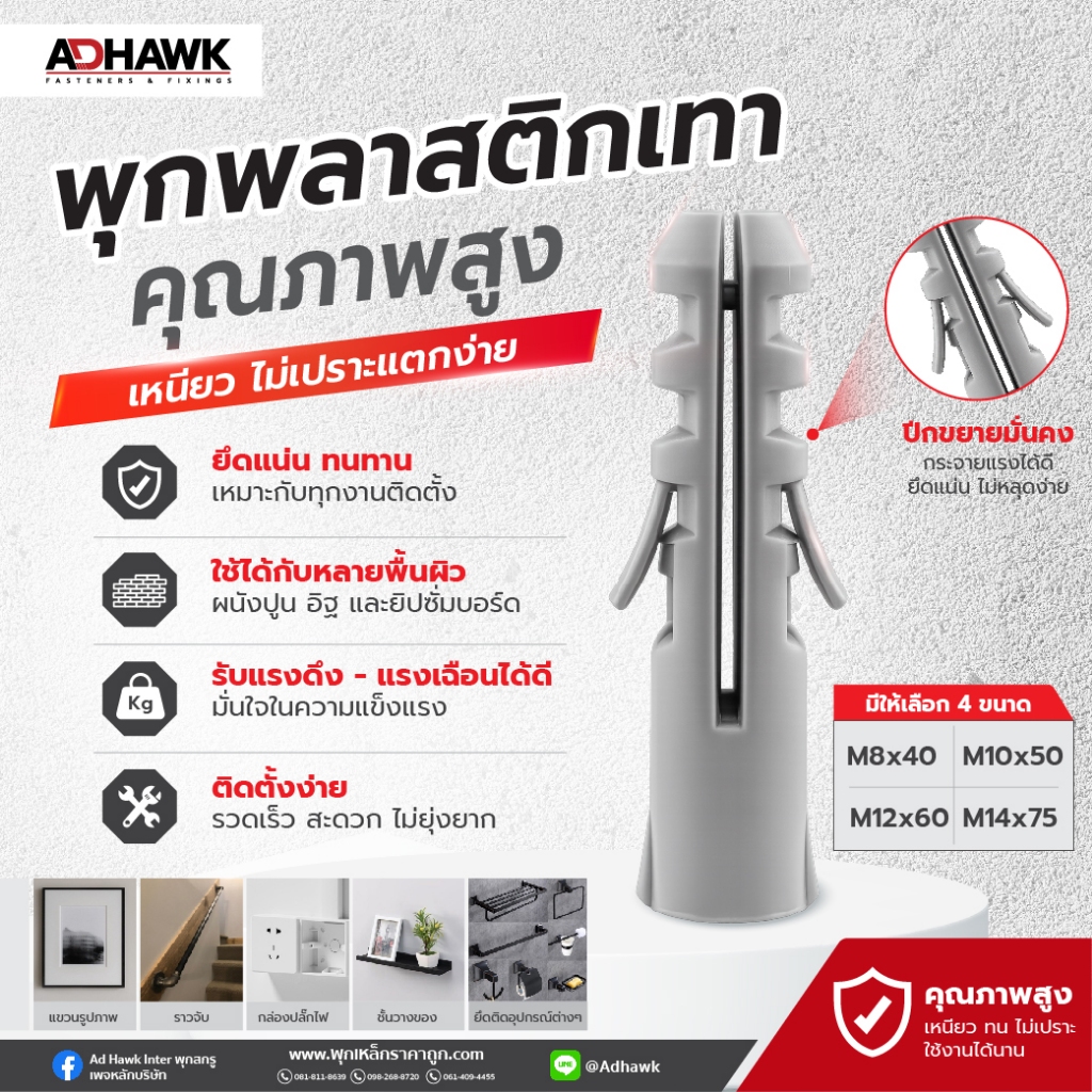 พุกพลาสติกสีเทา พุกยึดผนัง ขนาดM8 M10 M12 M14 พุกเหนียว ไม่แตกง่าย พุกอเนกประสงค์ ใช้ได้ทุกผนัง แพ็ค 20 ตัว ราคาถูกส่งไว