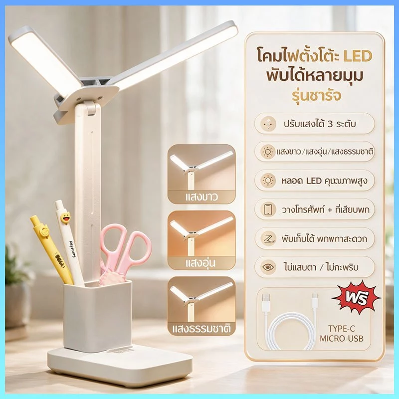 โคมไฟอ่านหนังสือ LED แบบพกพา ปรับแสง 3 สี ระบบสัมผัส พร้อมที่วางมือถือและที่ใส่ปากกา ชาร์จ Type-C ถนอมสายตา