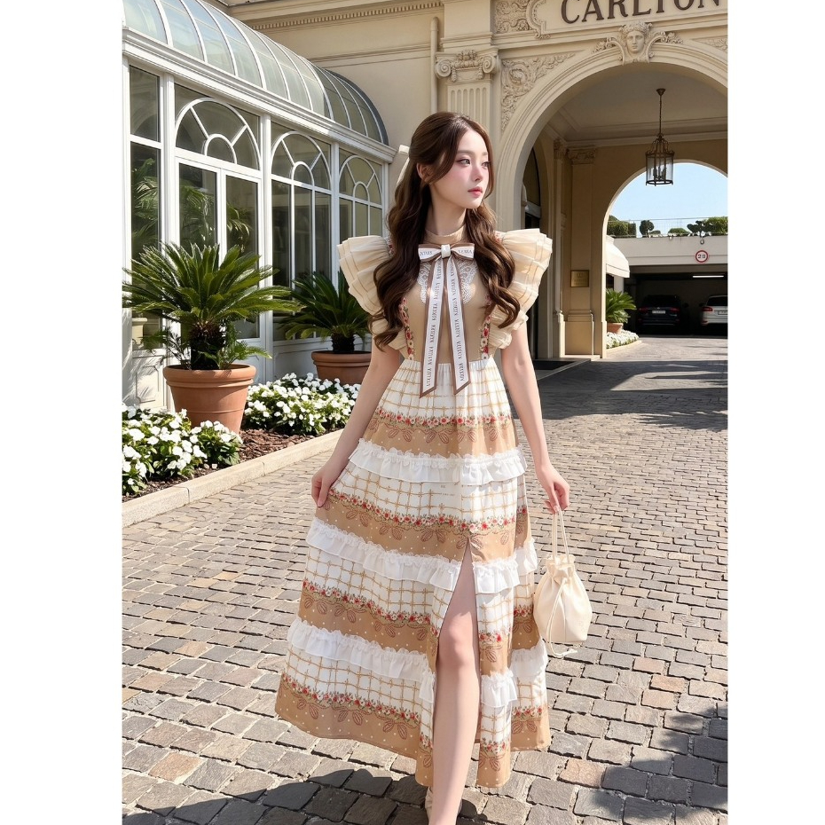 (มี3XL) Maria Diamond น้ำตาลทอง Sepia Luxury Dress เดรสยาวผ้าเปเป้พิมพ์ลายผ่าหน้า แต่งระบายแขน โบว์หน้า ซิปหลัง มีซับใน