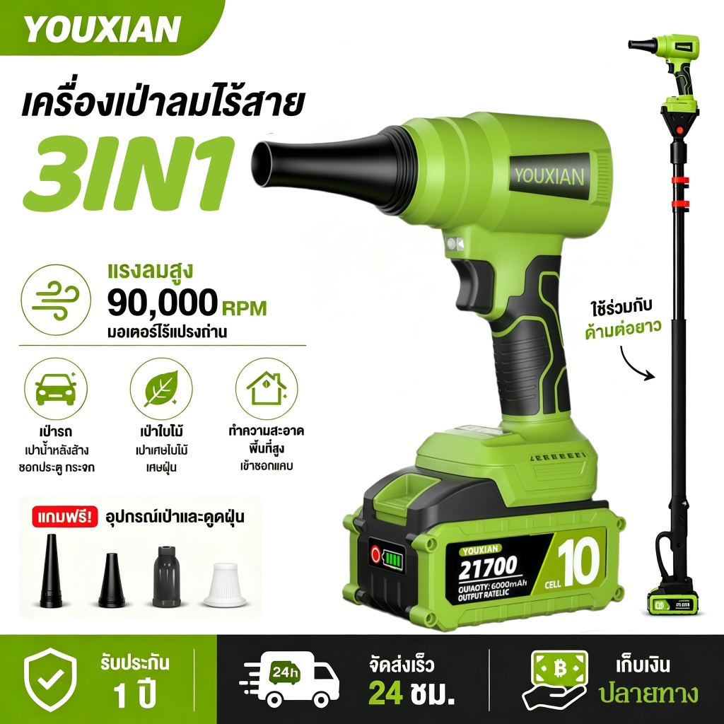 YOUXIAN เครื่องเป่าลมไร้สาย 3IN1 แรงลมสูง 90000RPM เป่า+ดูดฝุ่น พร้อมด้ามต่อยาว ทำความสะอาดรถ บ้าน ส
