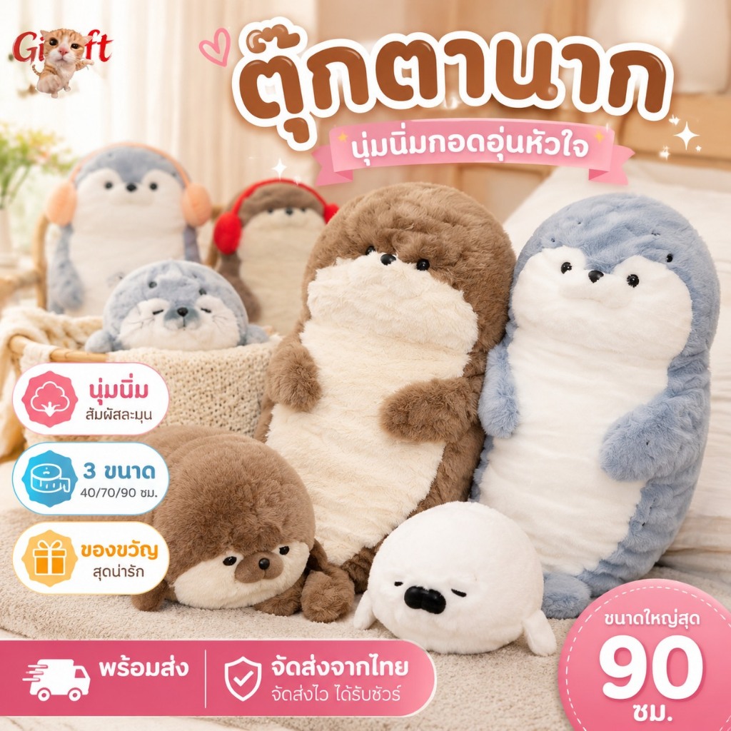 พร้อมส่ง🧸ตุ๊กตานาก นุ่มและน่ารัก ตุ๊กตานากนุ่มพิเศษ ขนาดใหญ่ ตุ๊กตาน่ารัก ตุ๊กตาแมวน้ำ ของขวัญวันเกิด 70 CM / 40 CM