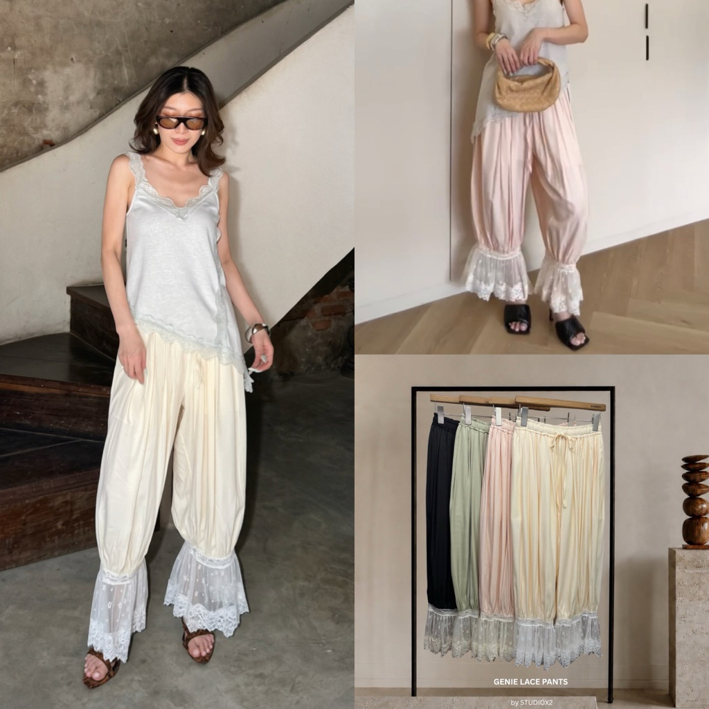#8008 STUDIOX2 GENIE LACE PANTS กางเกงจินนี่ ดีเทลปลายขาลูกไม้ ขอบเอวยางยืด