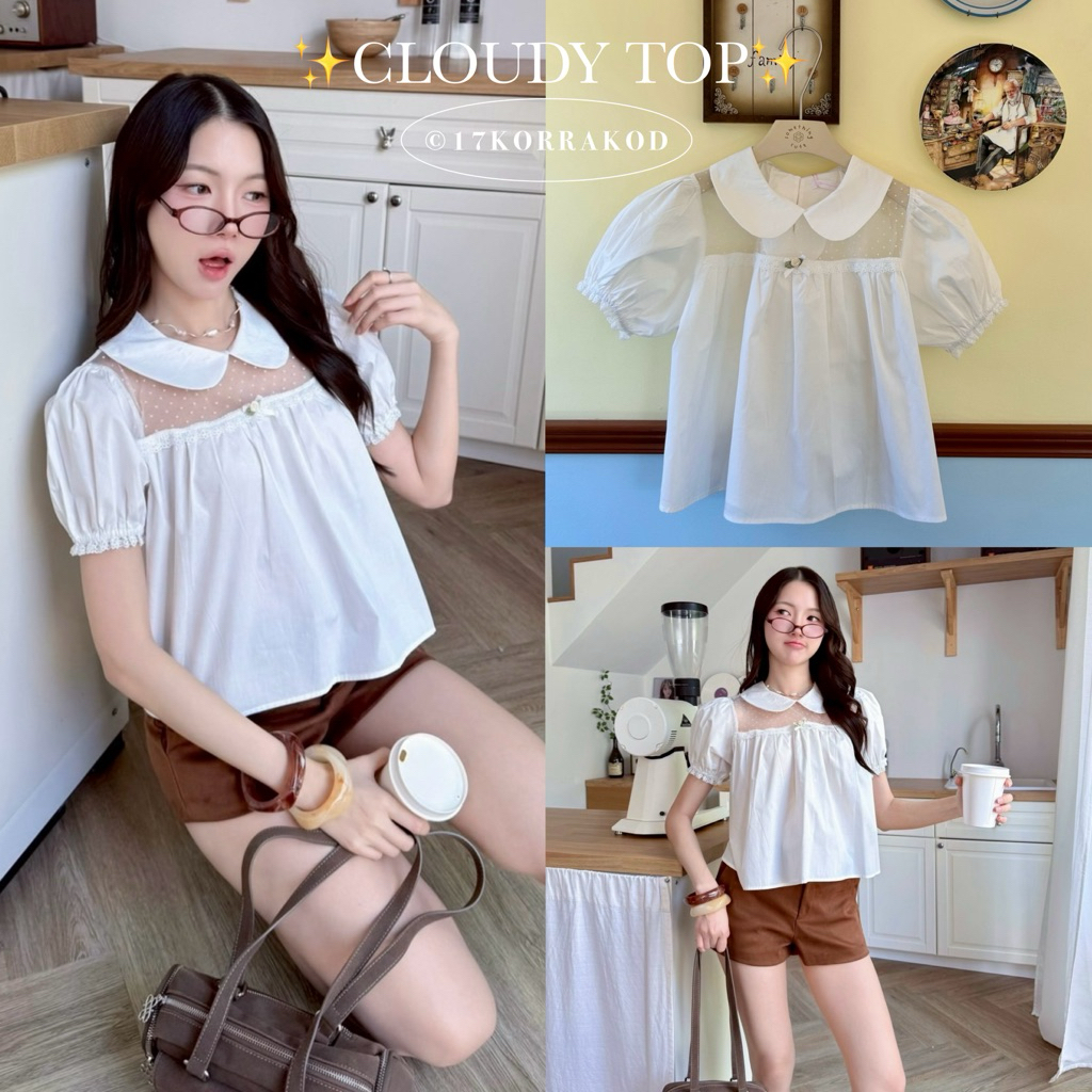 🌻เสื้อคอบัวแขนตุ๊กตาแต่งลูกไม้ผ้าคอตตอน แต่งตาข่ายซีทรูลายจุดกำมะหยี่ติดกุหลาบจิ๋ว น่ารัก เกาหลี ผู้หญิง (Somethingcute)