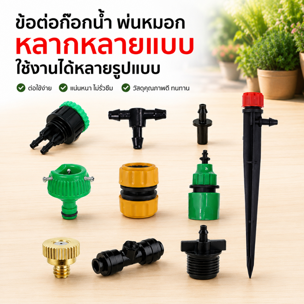 ข้อต่อสายยาง หัวพ่นหมอก อะไหล่พ่นหมอก ข้อต่อพ่นหมอก ข้อต่อหัวรดน้ำ รดน้ำต้นไม้ มีหลายแบบ