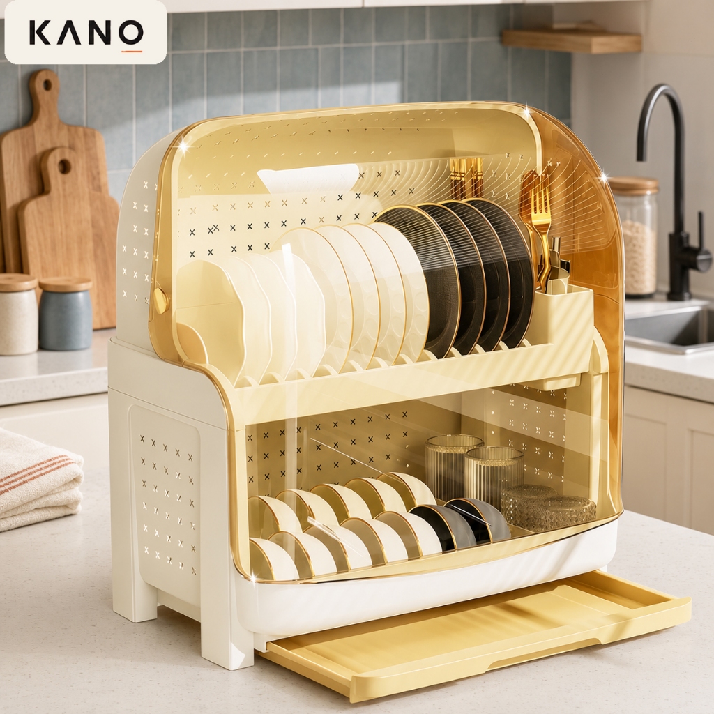 KANO ที่คว่ําจาน ชั้นวางจานชามในครัว ชั้นวางจาน 2 ชั้น ตู้จัดเก็บครัว ป้องกันแมลงสาบได้ แบบมีประตู