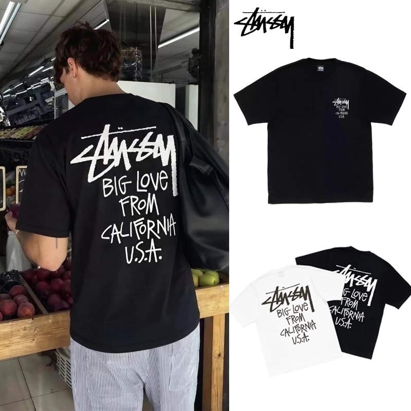 Stussy BIG LOVE TEEพิมพ์ตัวอักษร Los Angeles เสื้อยืดแขนสั้นคอกลมลายดอกไม้สไตล์เดียวกันสำหรับผู้ชายและผู้หญิ