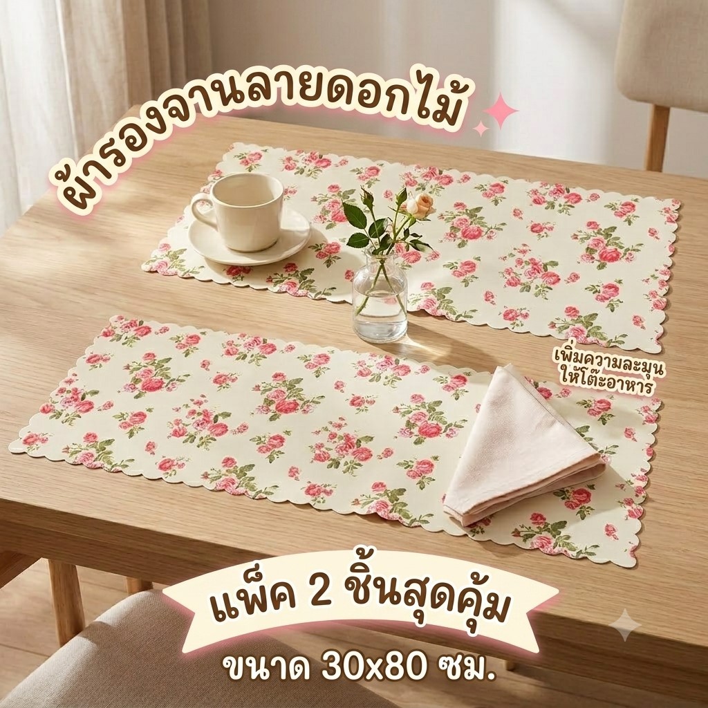 ALL U CAN BUY แพ็ค2ชิ้น แผ่นรองจาน ที่รองจาน ที่รองจานอาหาร กันเปื้อน ลายดอกไม้ ขนาด30*80 ซม.