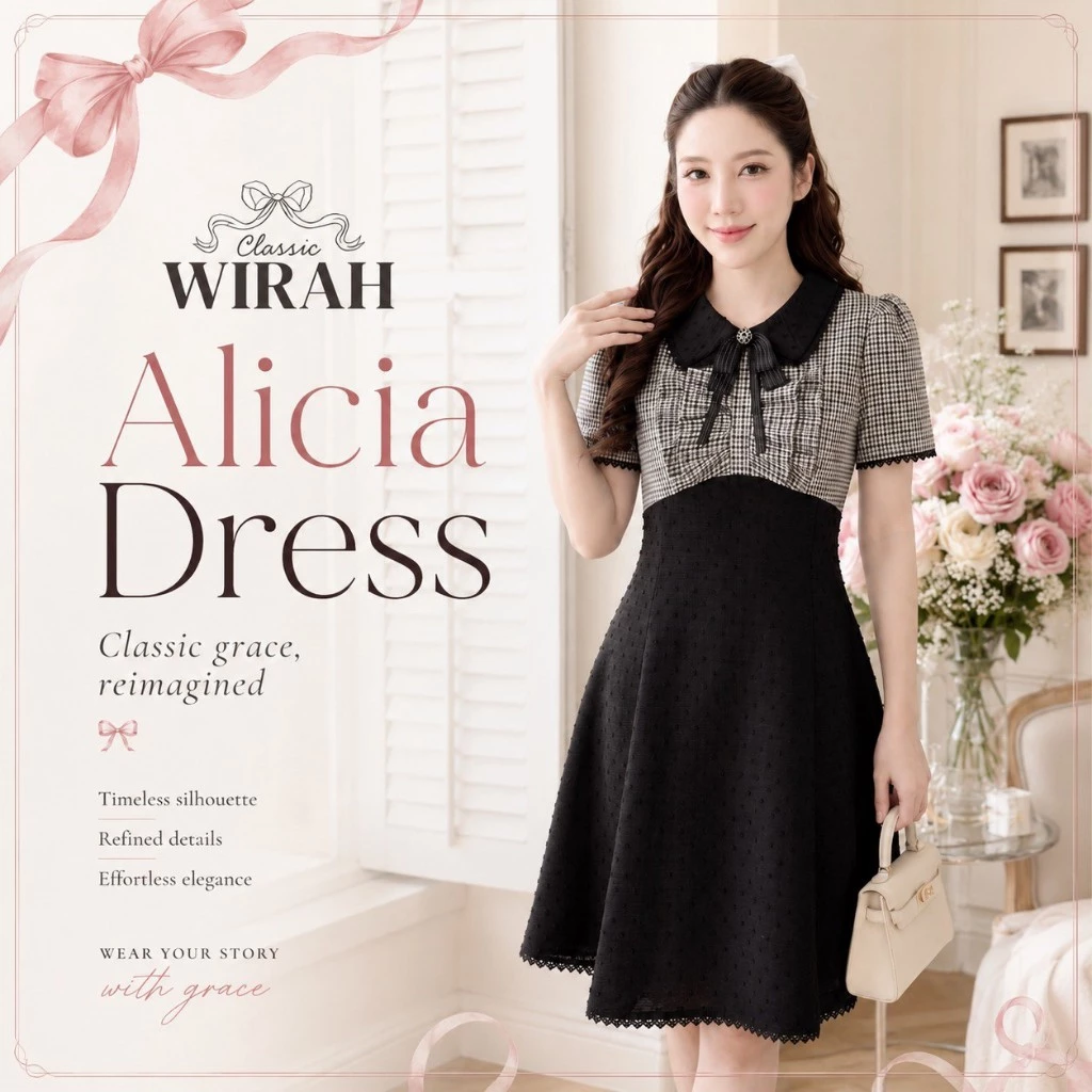 FW91R3 Alicia Dress ชุดเดรสสั้น ตัดต่อใต้อกท่อนบนผ้าทอทวิตลายตารางสก๊อตสลับสี ปกบัว ผ้าฝ้ายทอด๊อบบี้ลายจุดแต่งลูกไม้รอบป