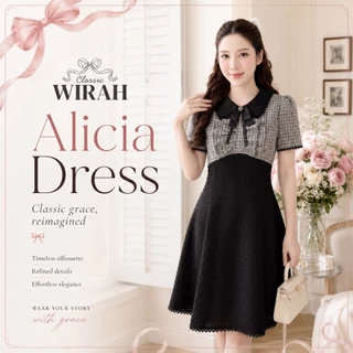 FW91R3 Alicia Dress ชุดเดรสสั้น ตัดต่อใต้อกท่อนบนผ้าทอทวิตลายตารางสก๊อตสลับสี ปกบัว ผ้าฝ้ายทอด๊อบบี้ลายจุดแต่งลูกไม้รอบป