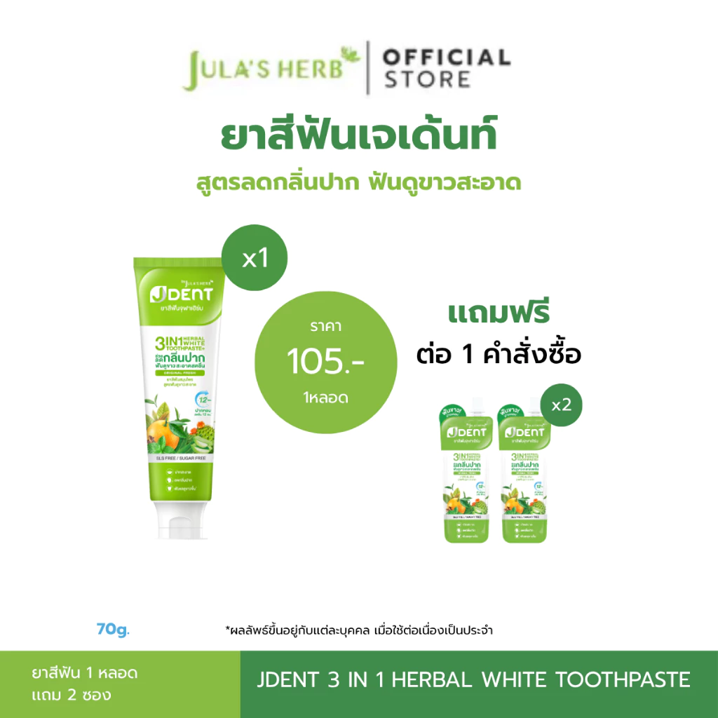 [ โปรพิเศษ ยาสีฟันเจเด้นท์เขียว 1หลอด เเถมซองเขียว 2ซอง ] จุฬาเฮิร์บ สูตรฟันขาว แพคเกจใหม่