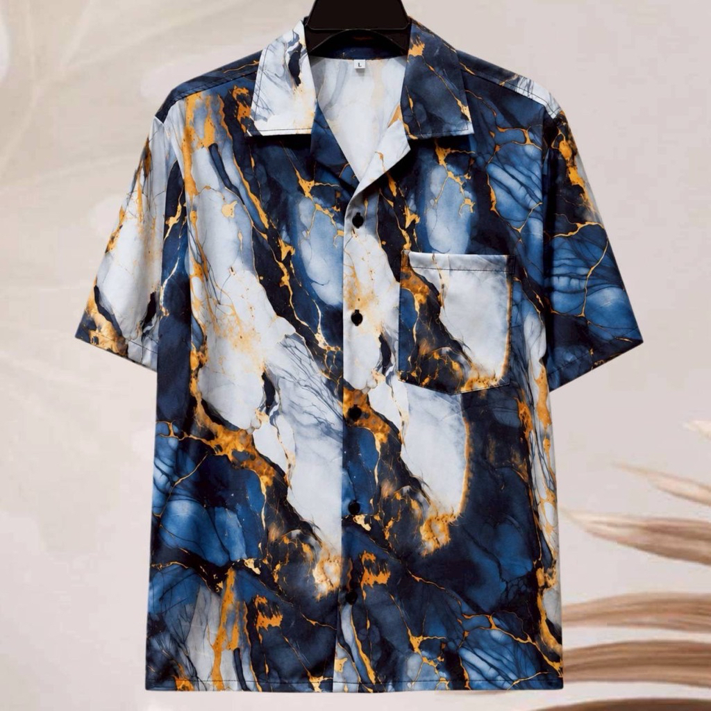 เสื้อเชิ้ตฮาวาย ลายหินอ่อนกรม (พื้นสีกรม) ผ้าไหมอิตาลี