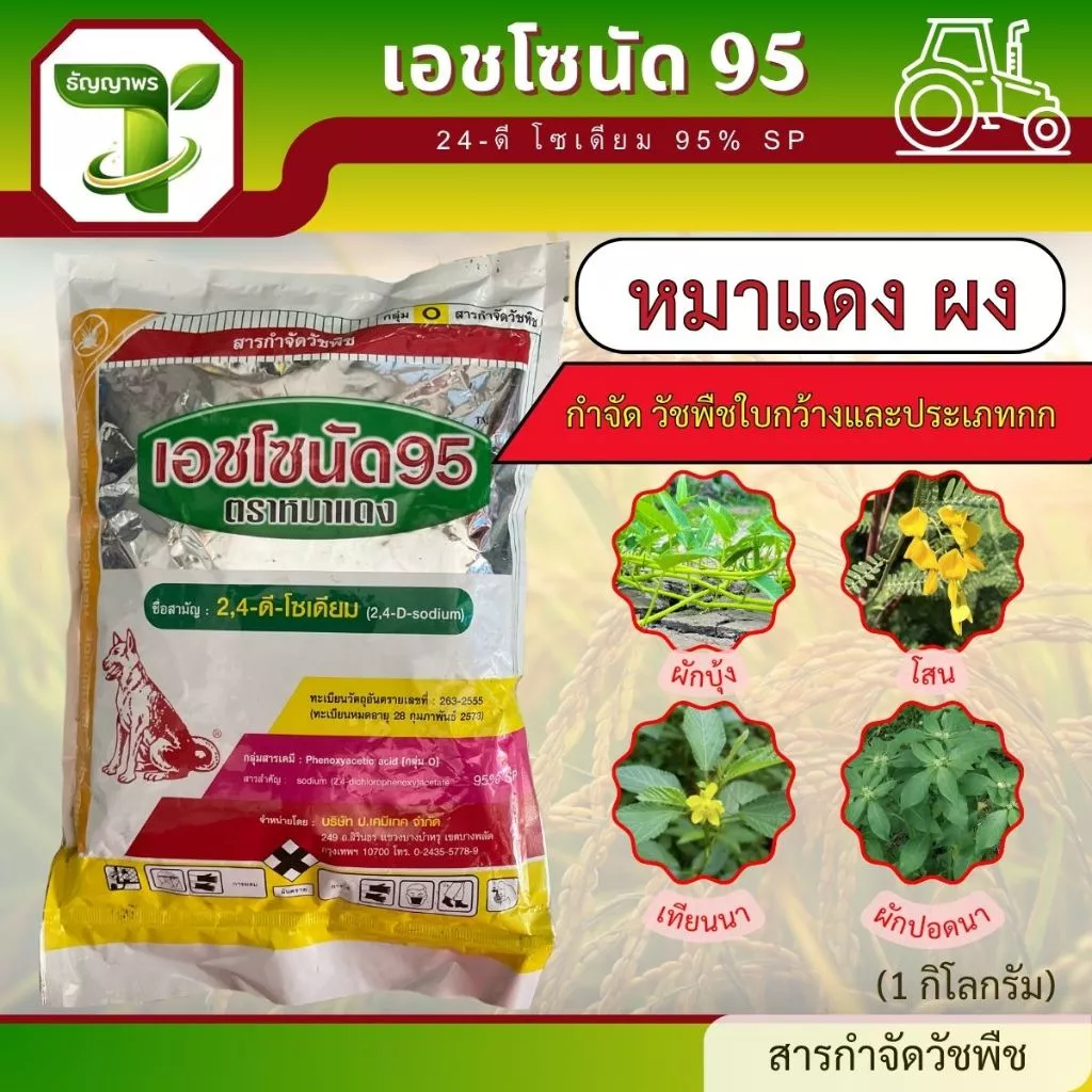 หมาแดง ผง เอชโซนัด 95 (24-ดี โซเดียม 95% SP) 1กก. ใช้สำหรับกำจัดวัชพืชใบกว้าง ผักบุ้ง ผักปอด