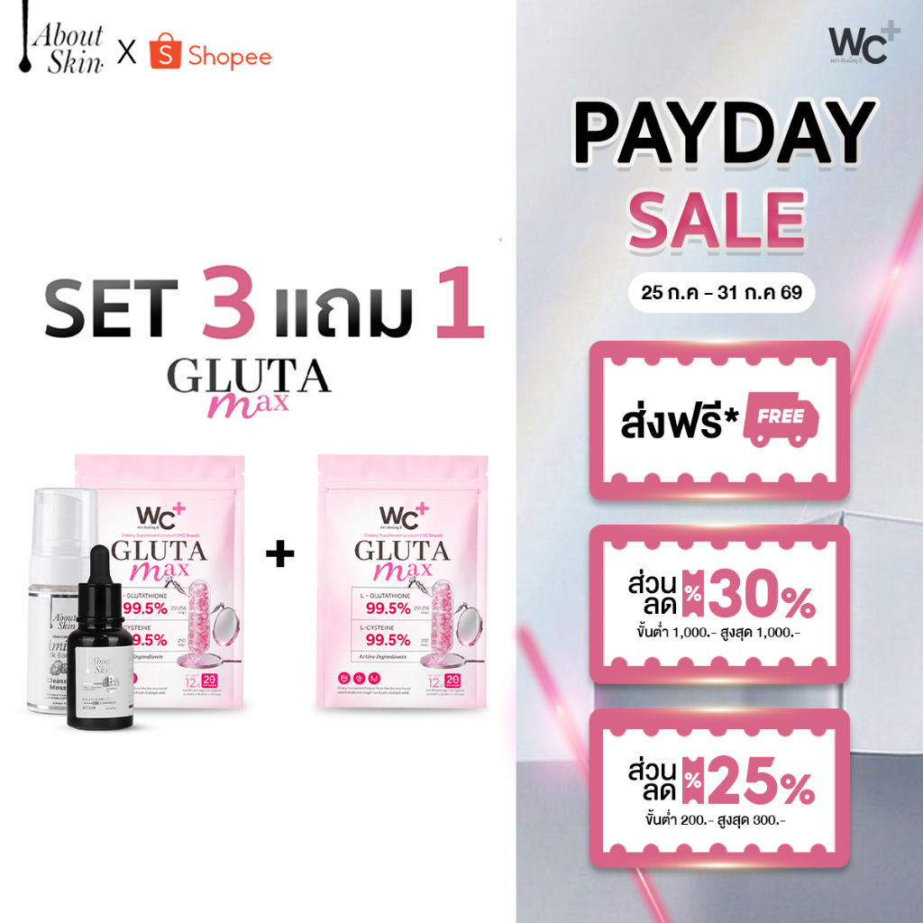 aboutskin official | เซ็ต 3 แถม 1 ผิวออร่าตัวและหน้า PDRN SERUM 1+AMINO SILK MOUSSE 1+GLUTA MAX 1+1 ( รวม 4 ชิ้น / ชุด )