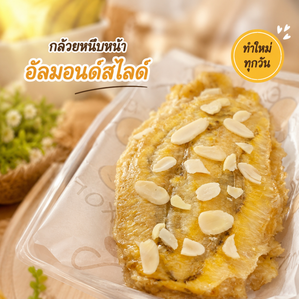 กล้วยหนึบอบธรรมชาติ อัลมอนด์สไลด์ ขนมเพื่อสุขภาพ ไม่ใส่น้ำตาล ไม่มีสารกันบูด