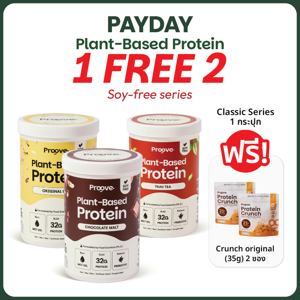 [1แถม Crunch 2ซอง รสออริจินอล] Soy-Free Series โปรตีนพืชไร้ถั่วเหลือง โซเดียมต่ำให้โปรตีน 32g ไม่มีน้ำตาล แคลต่ำ