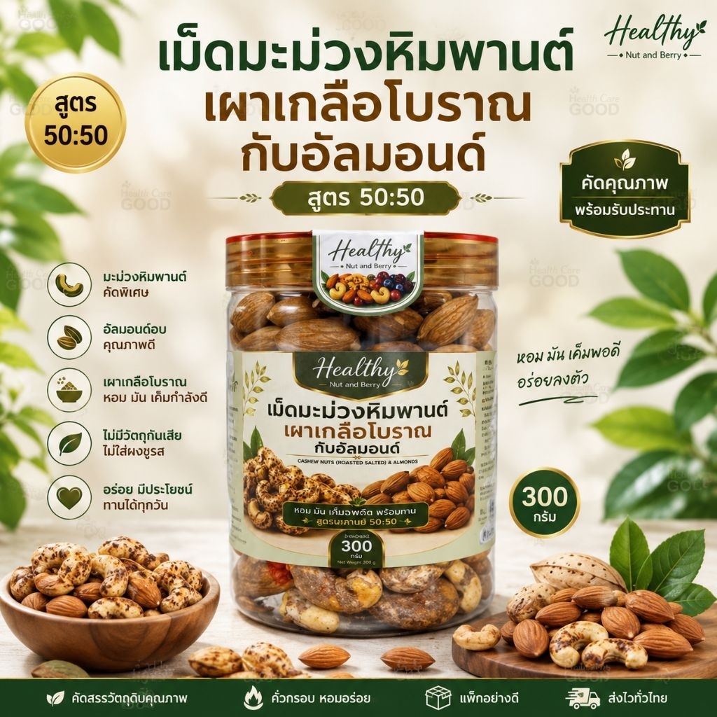 อัลมอนด์อบ + มะม่วงหิมพานต์เผาเกลือ 300 กรัม อบสดใหม่ทุกวัน Healthy Nut and Berry