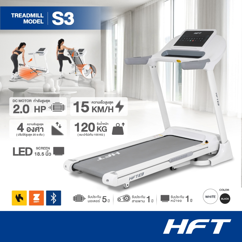 HFT ลู่วิ่งไฟฟ้า Treadmill รุ่น S3 Brushless 2.5HP ลู่วิ่งไฟฟ้าพับเก็บได้ ปรับความชัน 15 ระดับ สีขาว