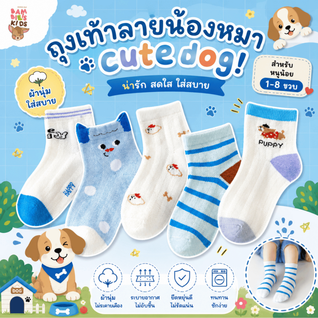 Bambilis : พร้อมส่ง ถุงเท้าเด็ก ถุงเท้าเด็กกันลื่นข้อสั้น 1 แพคมี 5 คู่ ลายน้องหมา