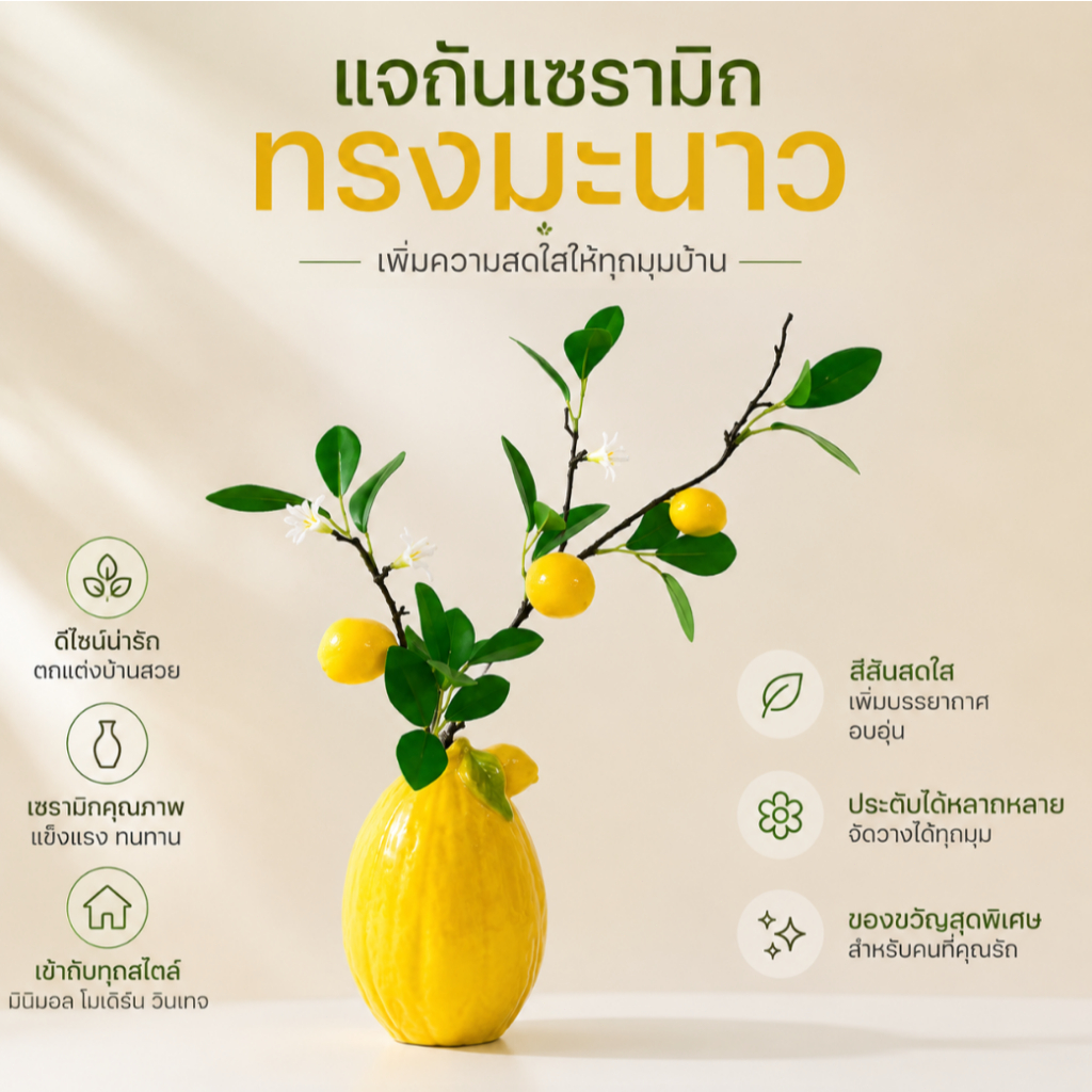 แจกันเลมอนพร้อมกิ่งเลมอนเทียม ดีไซน์พรีเมียม แต่งบ้าน คอนโด คาเฟ่ ร้านอาหาร