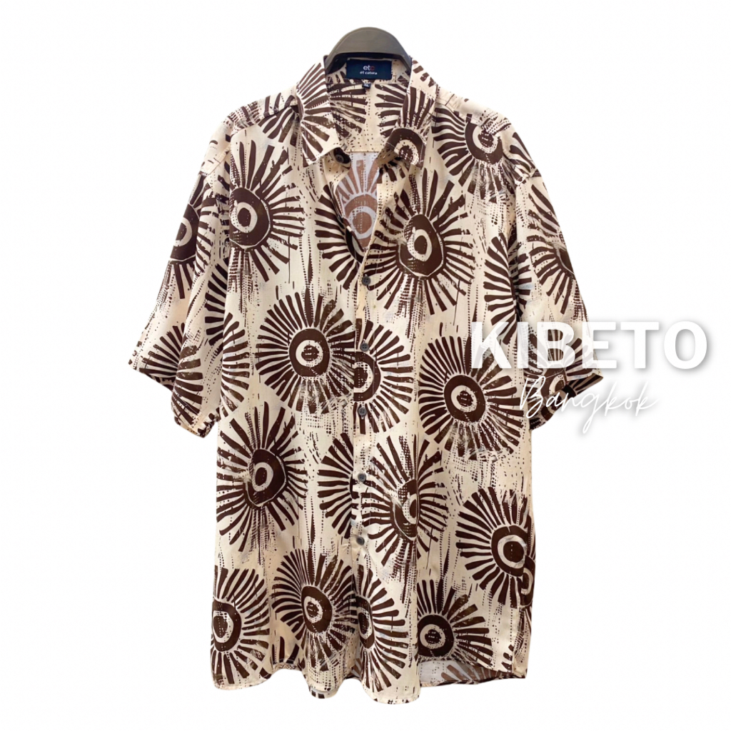 Kibeto เสื้อฮาวาย ลายพระอาทิตย์วินเทจ สีน้ำตาล/ครีม ผ้าสปันเรยอน ผ้านิ่ม ใส่สบาย M L XL 2XL 3XL
