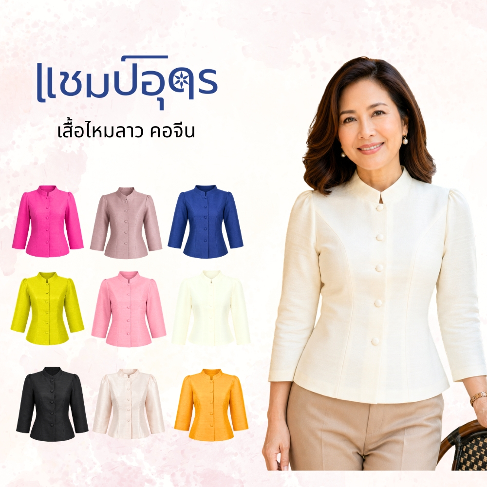 เสื้อไหมลาวสวย คอจีนแขนยาว อก 34-46 ใส่เข้าวัด ใส่ไปทำบุญ เสื้อผู้หญิง เสื้อคุณแม่ ร้านเสื้อผ้าแชมป์อุดร 10 สีให้เลือก