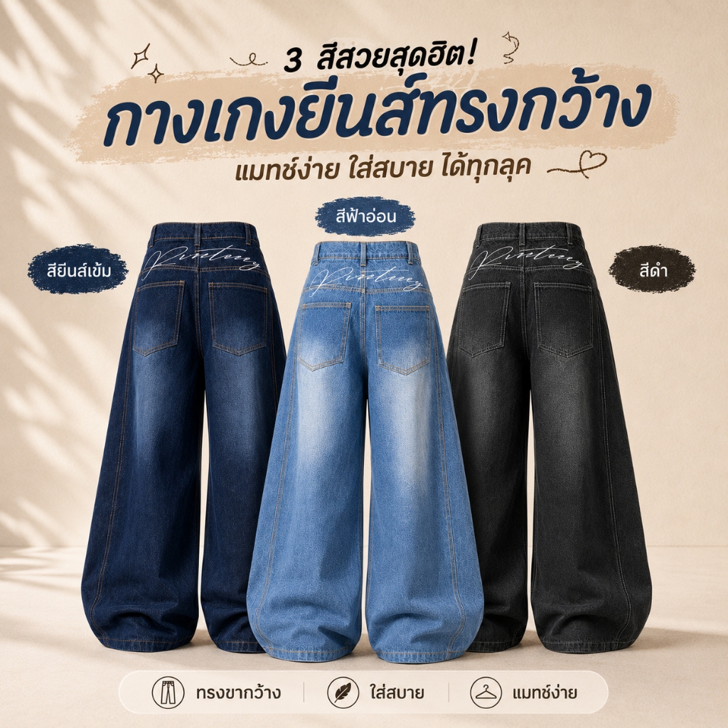 กางเกงยีนส์ผู้หญิง เอวสูง ขากว้าง ทรงหลวม ผ้านุ่มฟอกวินเทจ ใส่สบาย สไตล์เกาหลี แฟชั่นลำลอง ใส่เที่ยวคาเฟ่