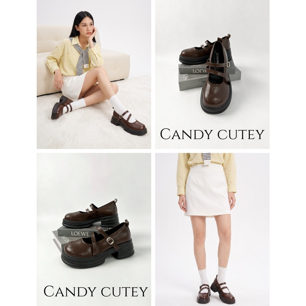 CandyCutey รองเท้า Mary Jane หัวกลมพื้นหนา สายรัดดีไซน์พิเศษ แผ่นรองหนานุ่มเพิ่มความสบาย สไตล์วินเทจ ใส่ได้ทุกชุด
