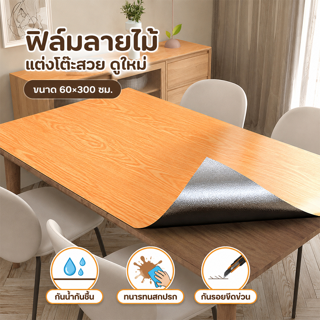สติกเกอร์ลายไม้ PVC 60x300ซม. มีกาวในตัว กันน้ำ ติดโต๊ะ ตู้ ผนัง เฟอร์นิเจอร์ ติดง่าย ลอกออกได้ DIY ตกแต่งบ้าน