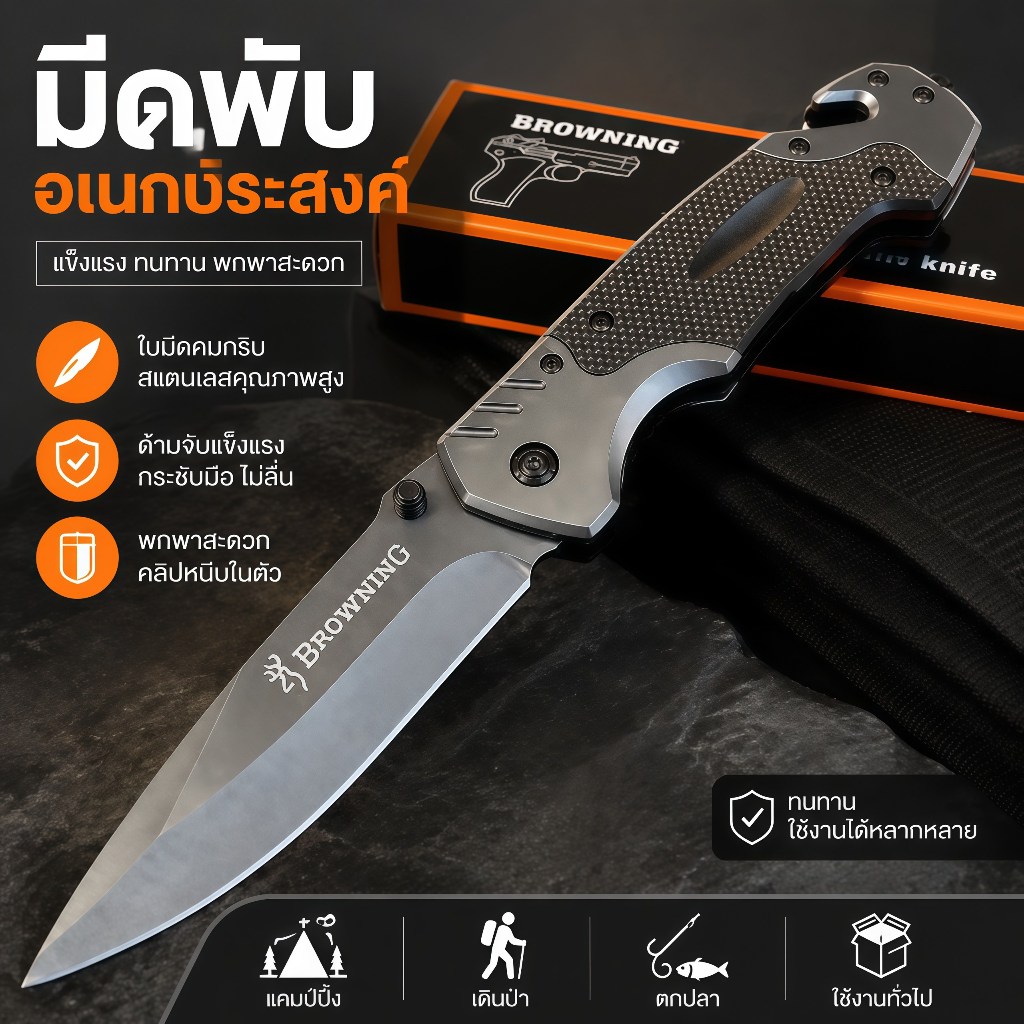 มีดพับพกพาระบบดีด มีดพับพกพา Browning ด้ามไม้ คมทนทาน เหมาะสำหรับเดินป่า