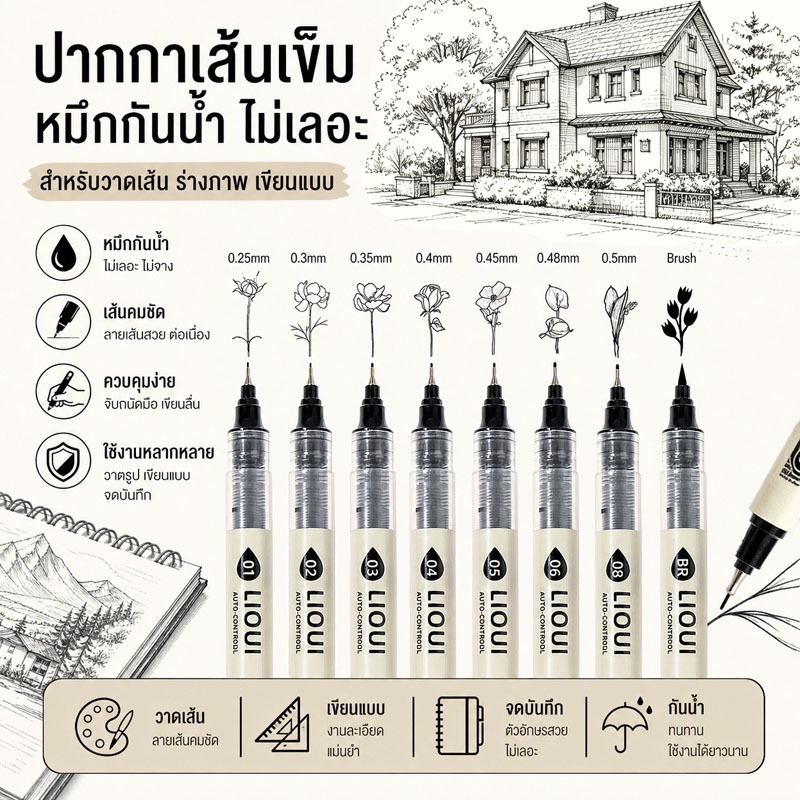 ส่งจากกรุงเทพ ปากกาเส้นเข็มระบบไส้ตรง ชุด 8 ด้าม หมึกกันน้ำ หลายขนาดหัวปากกา วาดรูป ไม่เลอะไม่จาง