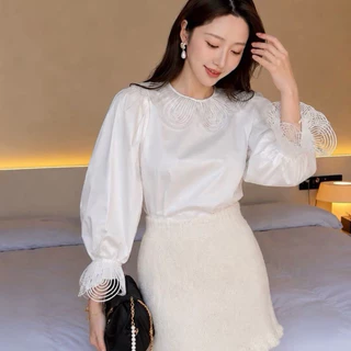 พร้อมส่ง‼️ (GMG53) เสื้อบลูส์คอกลมสีขาวออฟไวท์ คอกลม ผ้า Cotton Twill แขนตุ๊กตาพองยาว งานดีไซน์ปกเสื้อและปลายแขน