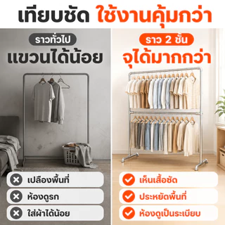ราวตากผ้าท่อเหล็ก 2ชั้น ราวแขวนเสื้อผ้า แข็งแรง ไม่เป็นสนิม รองรับน้ำหนกั200กก. กันลมแรง วางในบ้านหรือนอกบ้านก็ได้