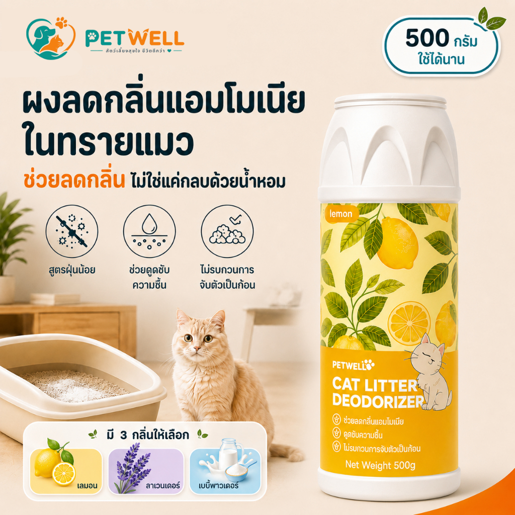 ผงดับกลิ่นทรายแมว PETWELL 500g ลดการสะสมของแบคทีเรีย ดูดซับความชื้น และช่วยยืดอายุทรายแมว