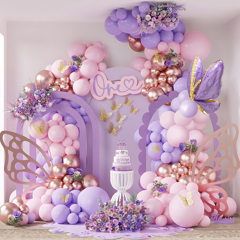 ชุดลูกโป่งธีมผีเสื้อ สีม่วงชมพูโรสโกลด์ 118Pcs Balloon Garland ตกแต่งปาร์ตี้วันเกิดเด็กผู้หญิง
