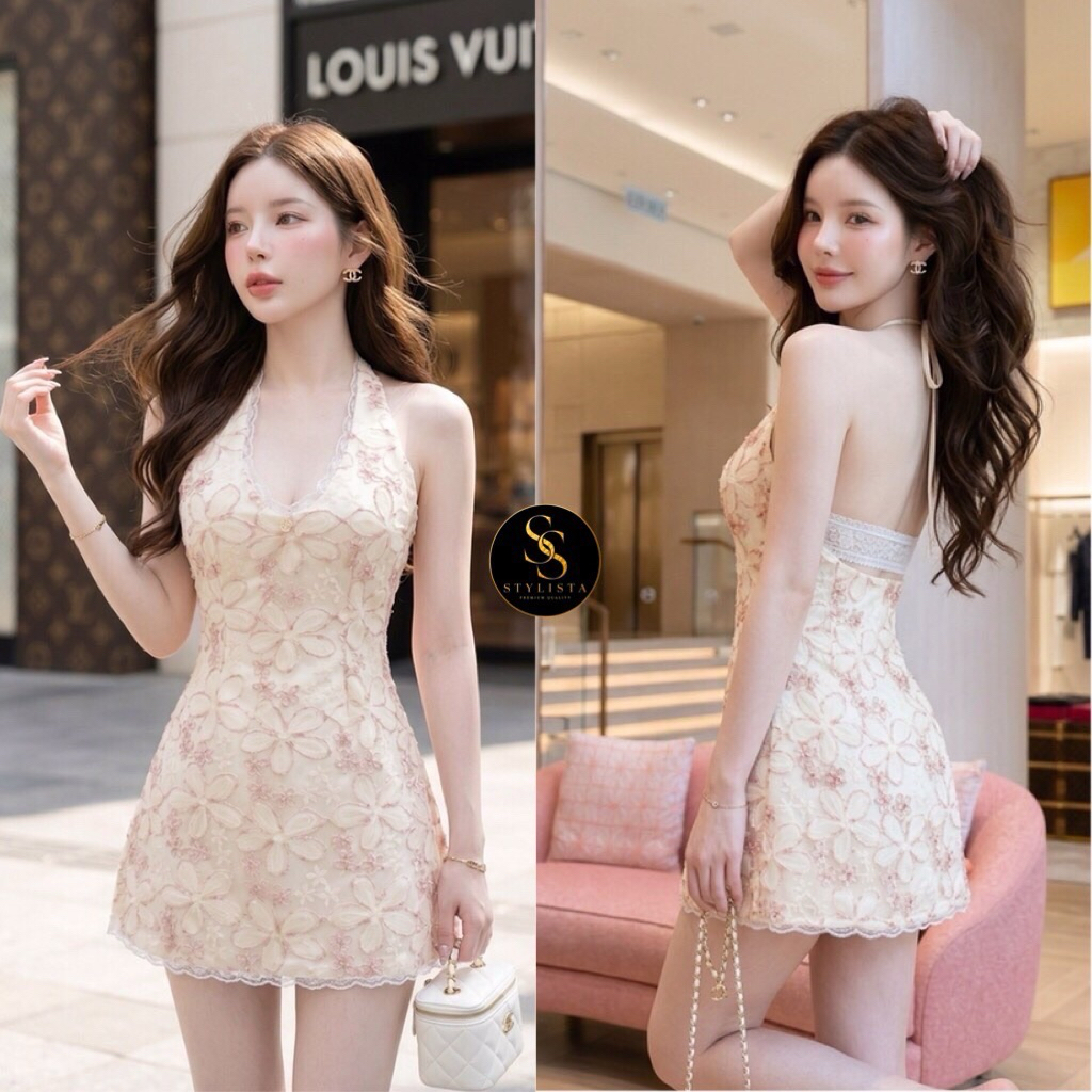 ST250808 เดรสลูกไม้ดอกไม้ 3D เดรสแบบคล้องคอ STYLISTA