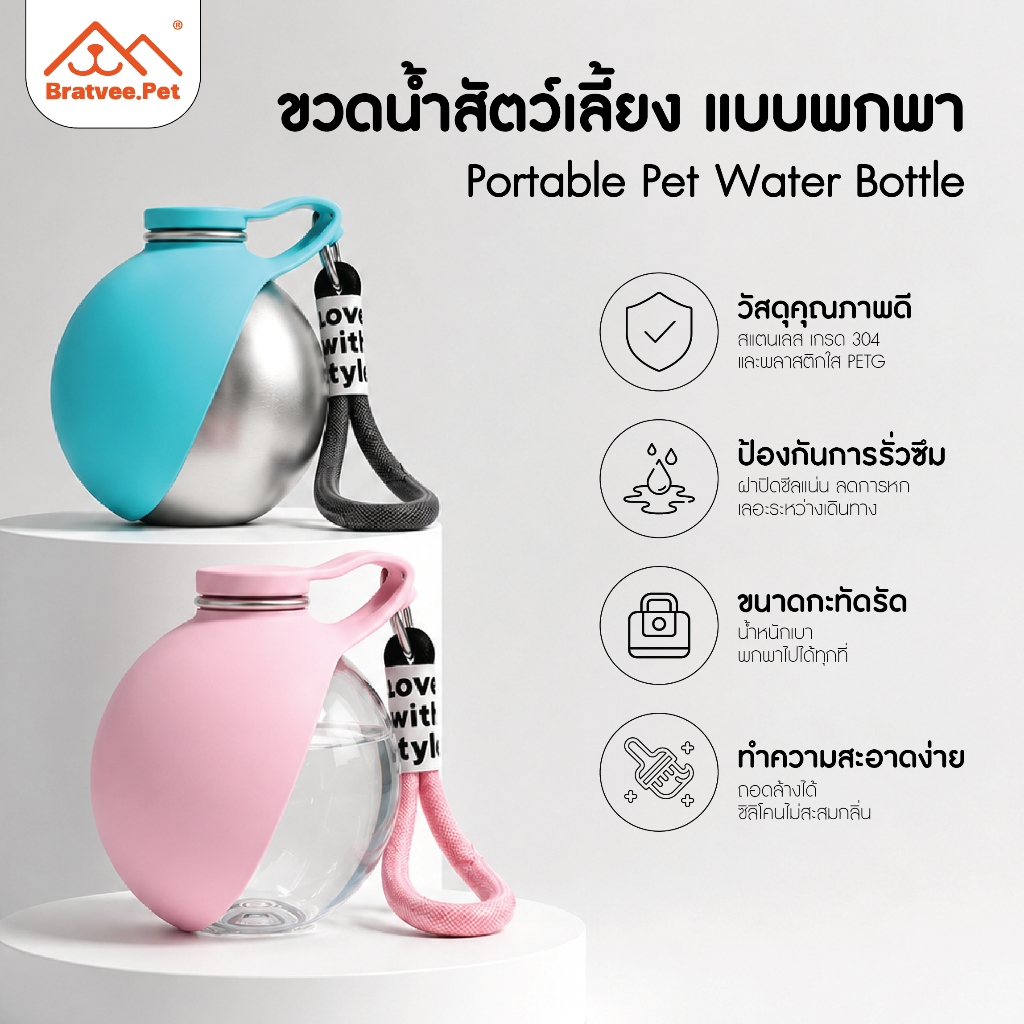 [Bratvee] ส่งไว ขวดน้ำพกพาสุนัขและแมว รุ่นPWB20 285ML กระบอกน้ำสัตว์เลี้ยง ถ้วยซิลิโคนพับได้ ซีลกันน้ำรั่ว พกพาสะดวก