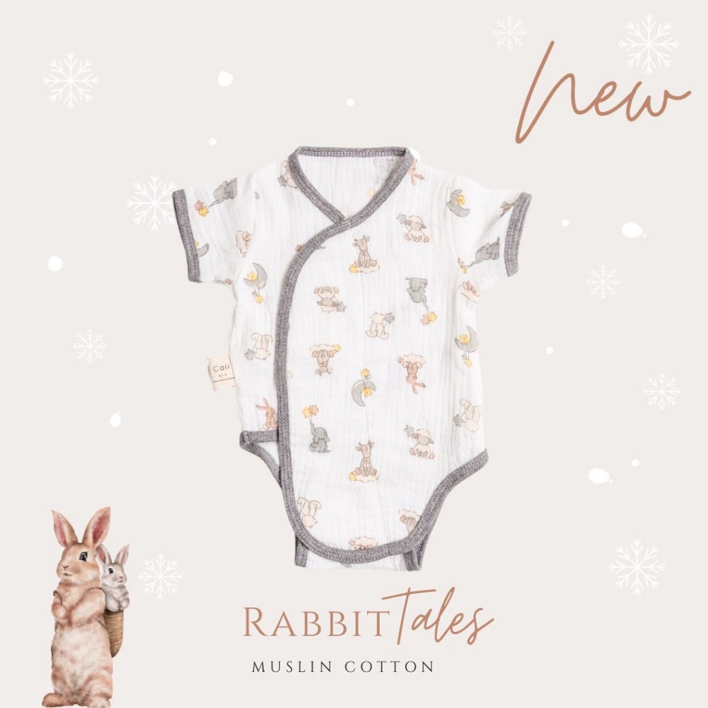 Cali บอดี้สูทขาเว้า ผ้าดูด เด็กอ่อน 0-3 เดือน ผ้ามัสลินทอ สไตล์เกาหลี *Rabbit tale *ป้าย Cali Baby