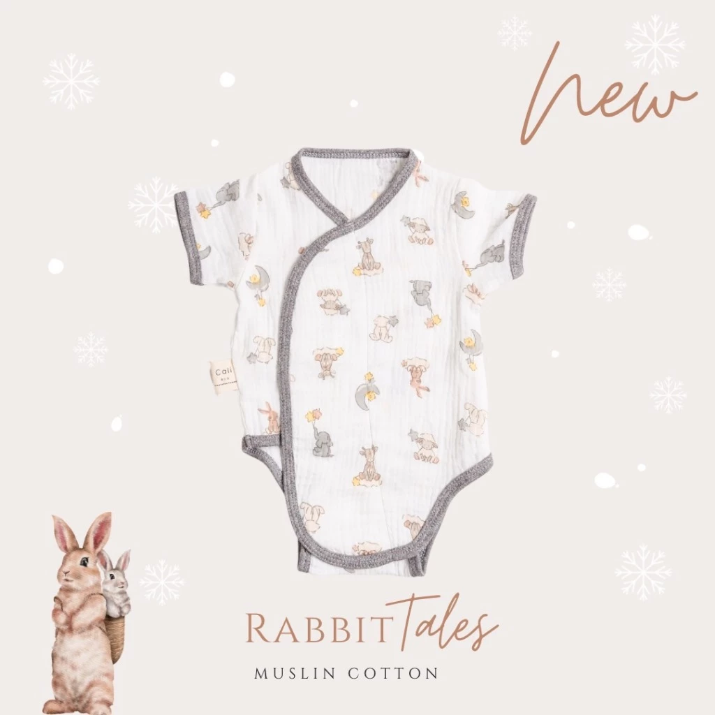 Cali บอดี้สูทขาเว้า ผ้าดูด เด็กอ่อน 0-3 เดือน ผ้ามัสลินทอ สไตล์เกาหลี *Rabbit tale *ป้าย Cali Baby