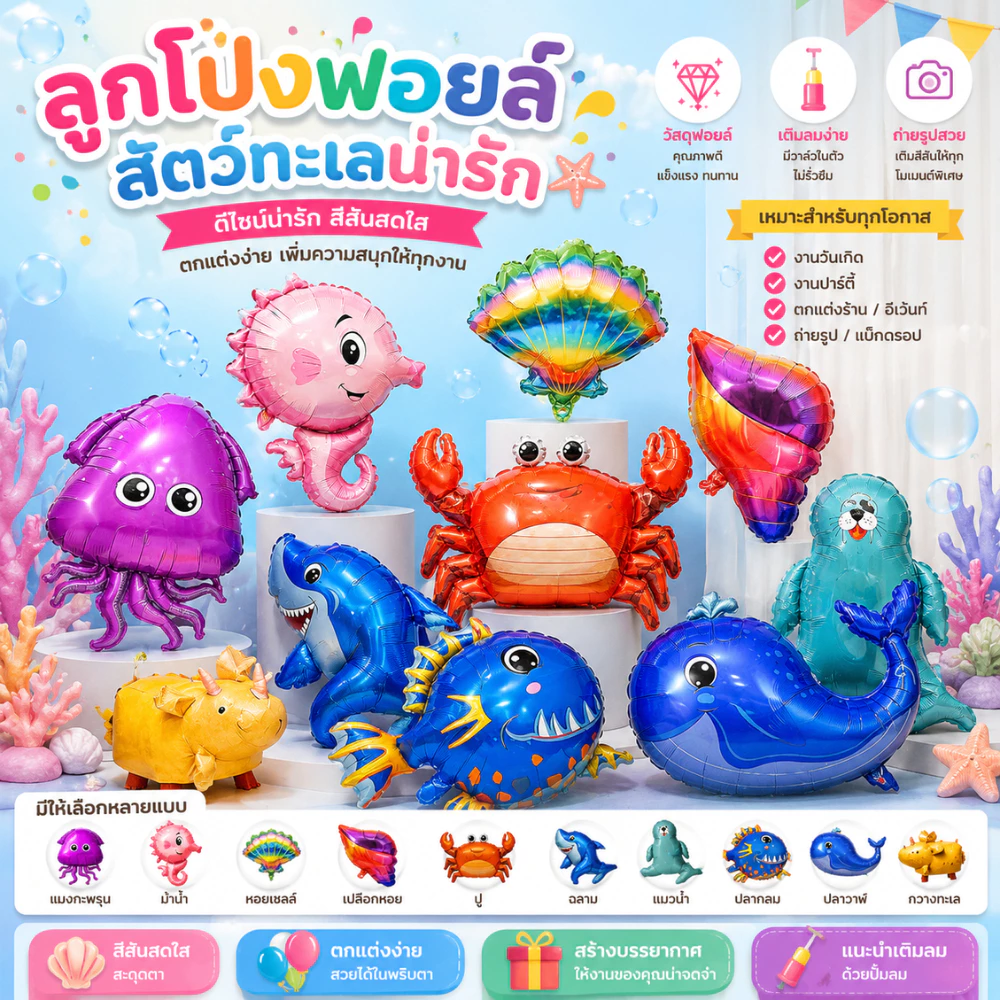 🇹🇭ลูกโป่งฟอยล์สัตว์ทะเล ลูกโป่งทะเล ฉลาม วาฬ ปู ม้าน้ำ เปลือกหอย ตกแต่งวันเกิด ปาร์ตี้ (F)
