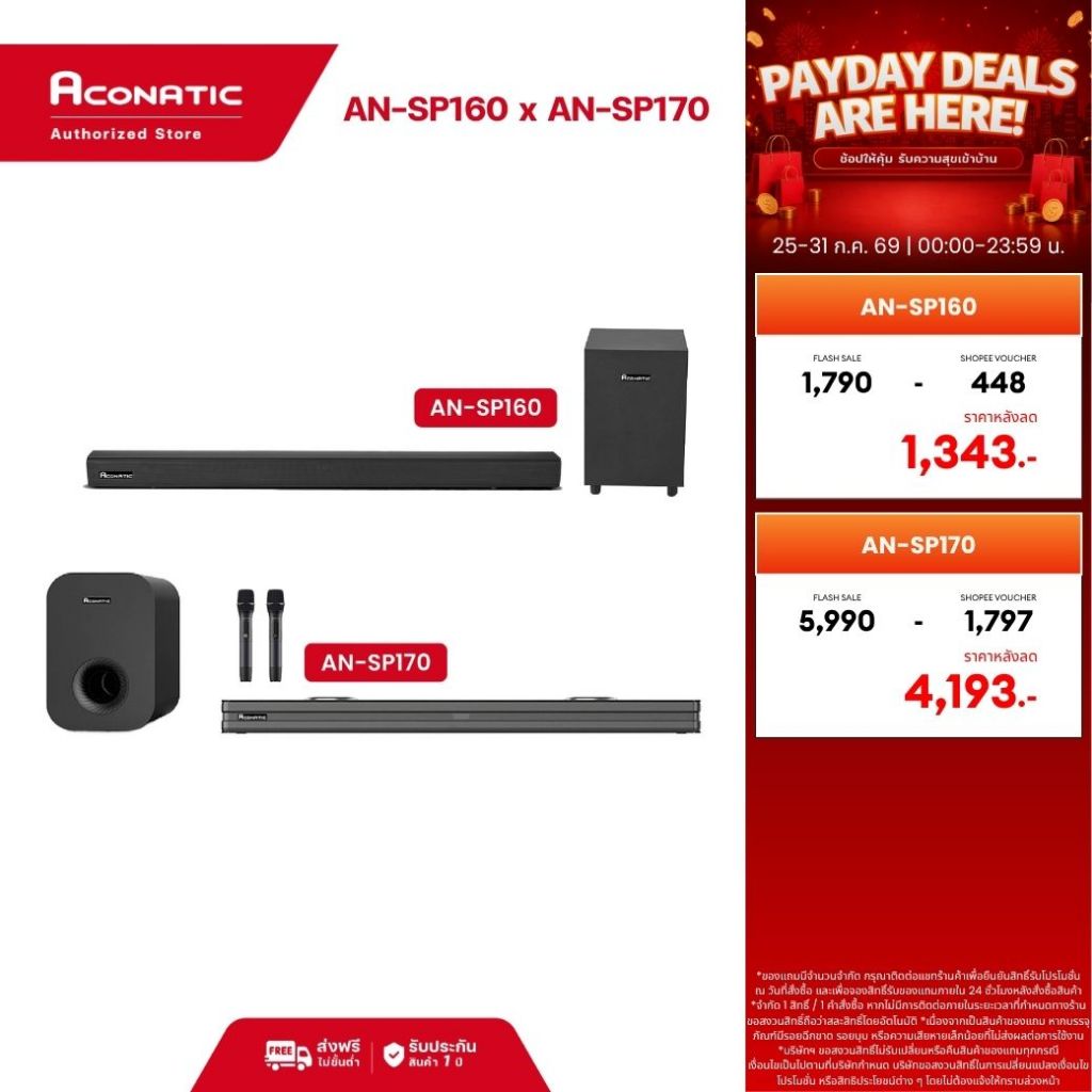 (NEW 2025) Aconatic Sound Bar พลังเสียง 80W/240W รุ่น AN-SP160 / AN-SP170 รองรับ Bluetooth 5.0 HDMI ARC